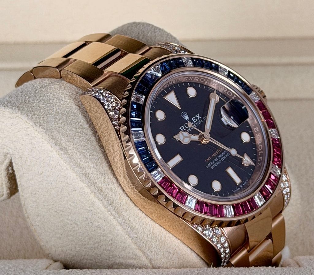 Rolex GMT-Master II 18 Karat Roségold, werksseitige Diamanten, 2019, wie neu, Full Set