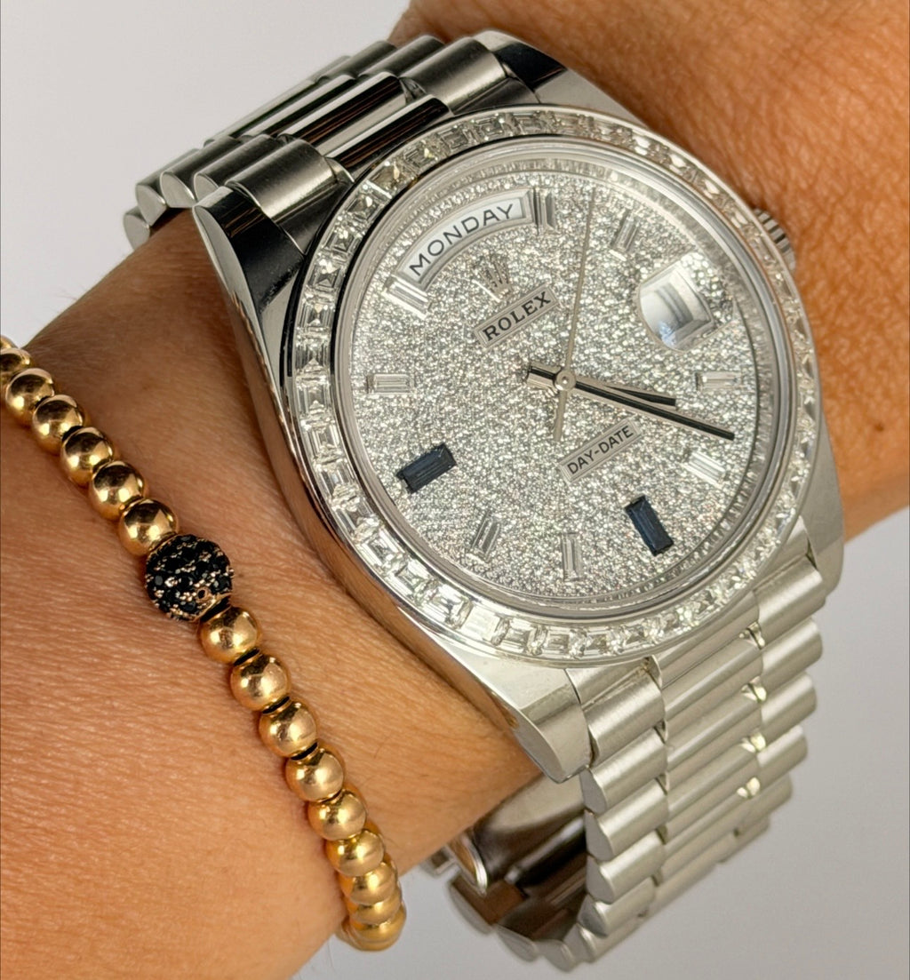 Rolex Day-Date 40 Werksseitige Diamanten, Platin, 2023, wie neu, UNPOLIERT!