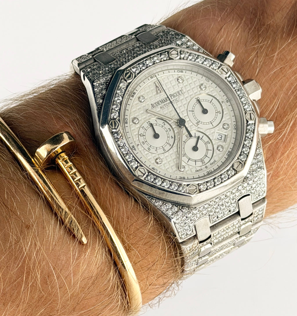 Audemars Piguet Royal Oak 39 mm Kasparov, 18 Karat Weißgold, Box und Archivauszug, nachträglich mit Diamanten besetzt, wie neu