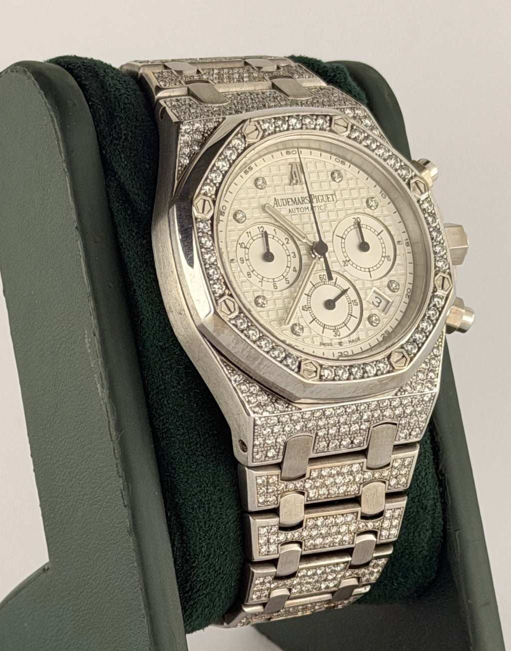 Audemars Piguet Royal Oak 39 mm Kasparov, 18 Karat Weißgold, Box und Archivauszug, nachträglich mit Diamanten besetzt, wie neu