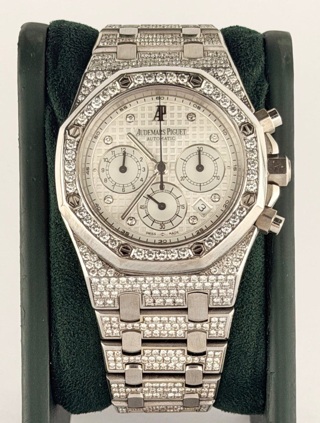 Audemars Piguet Royal Oak 39 mm Kasparov, 18 Karat Weißgold, Box und Archivauszug, nachträglich mit Diamanten besetzt, wie neu