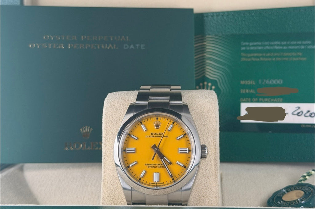 Rolex Oyster Perpetual 36 Gelb Discontinued Born Yellow Box and Papers