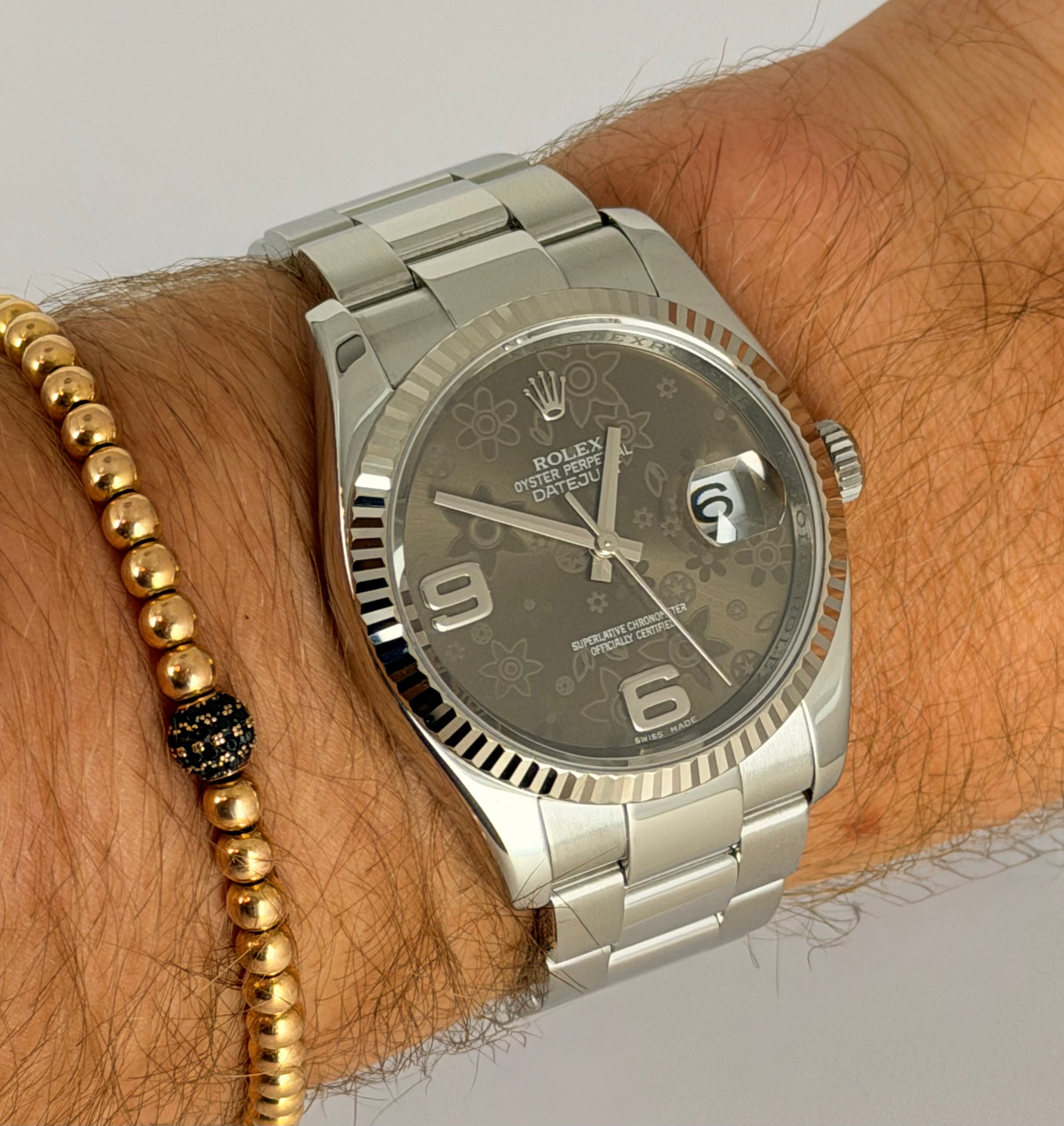 Rolex Datejust 36 Blumenzifferblatt, Lünette aus 18K Weißgold