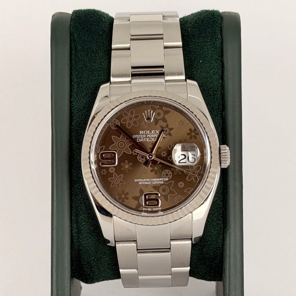Rolex Datejust 36 Blumenzifferblatt, Lünette aus 18K Weißgold