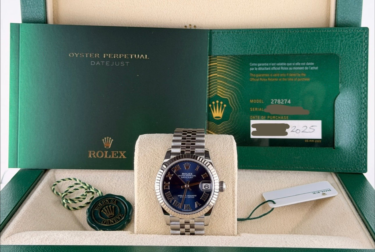 Rolex Datejust 31 mm mit 18-karätiger Weißgoldlünette, 2025, Full Set, wie neu