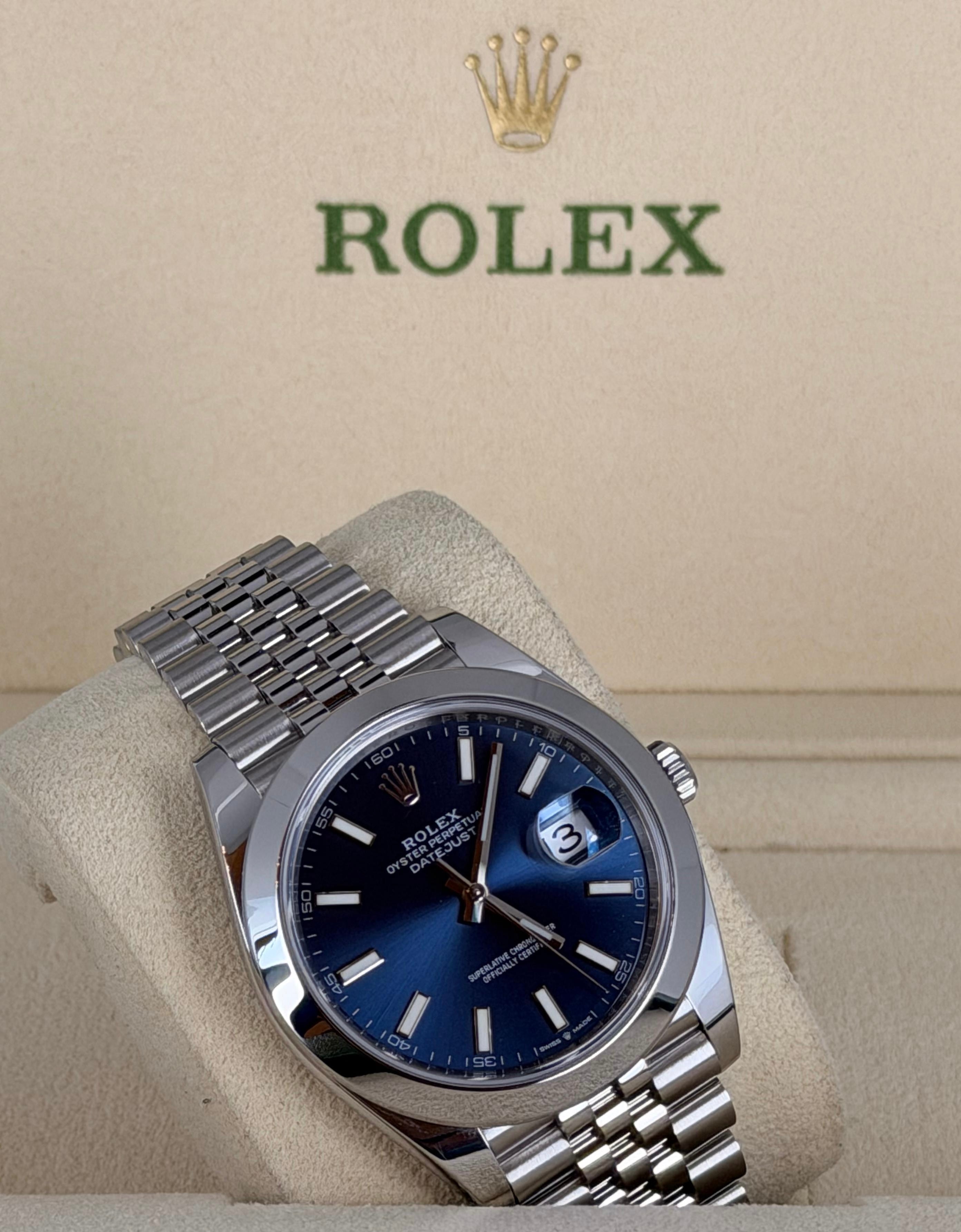Rolex Datejust 41 Blaues Zifferblatt mit Stabindizes, Jubilee-Armband, Full Set 2020