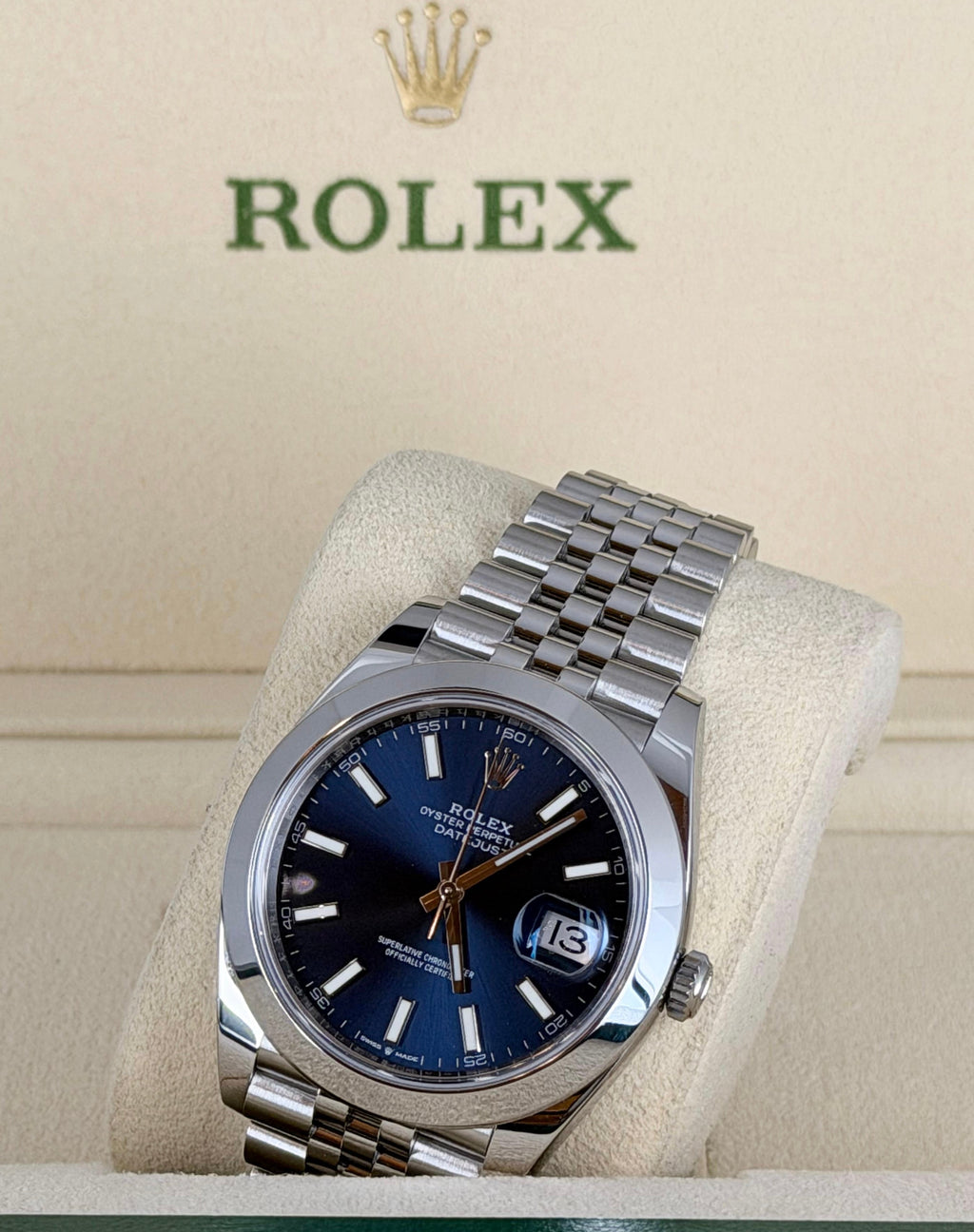 Rolex Datejust 41 Blaues Zifferblatt mit Stabindizes, Jubilee-Armband, Full Set 2020