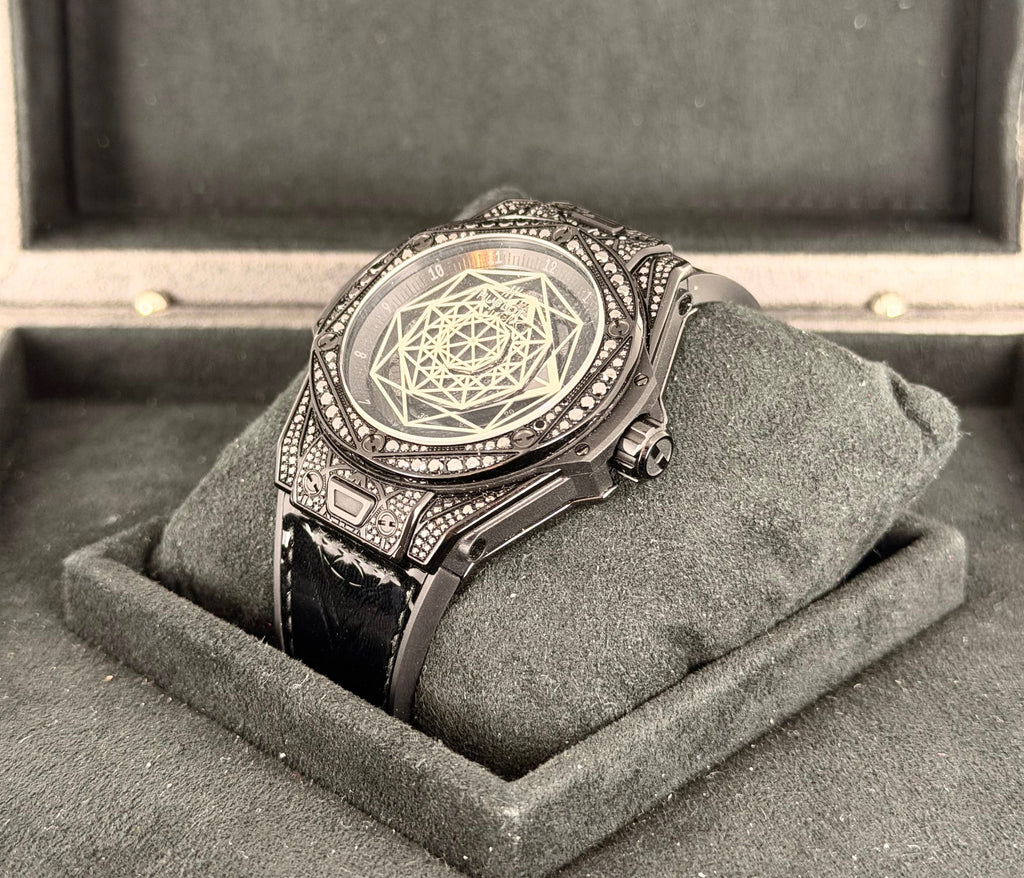 Hublot Big Bang Sang Bleu All Black Big Pavé Full Set wie neu mit werkseitigen Diamanten, SET, selten