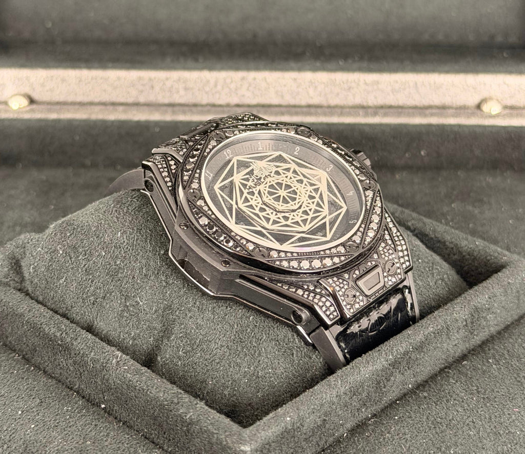 Hublot Big Bang Sang Bleu All Black Big Pavé Full Set wie neu mit werkseitigen Diamanten, SET, selten