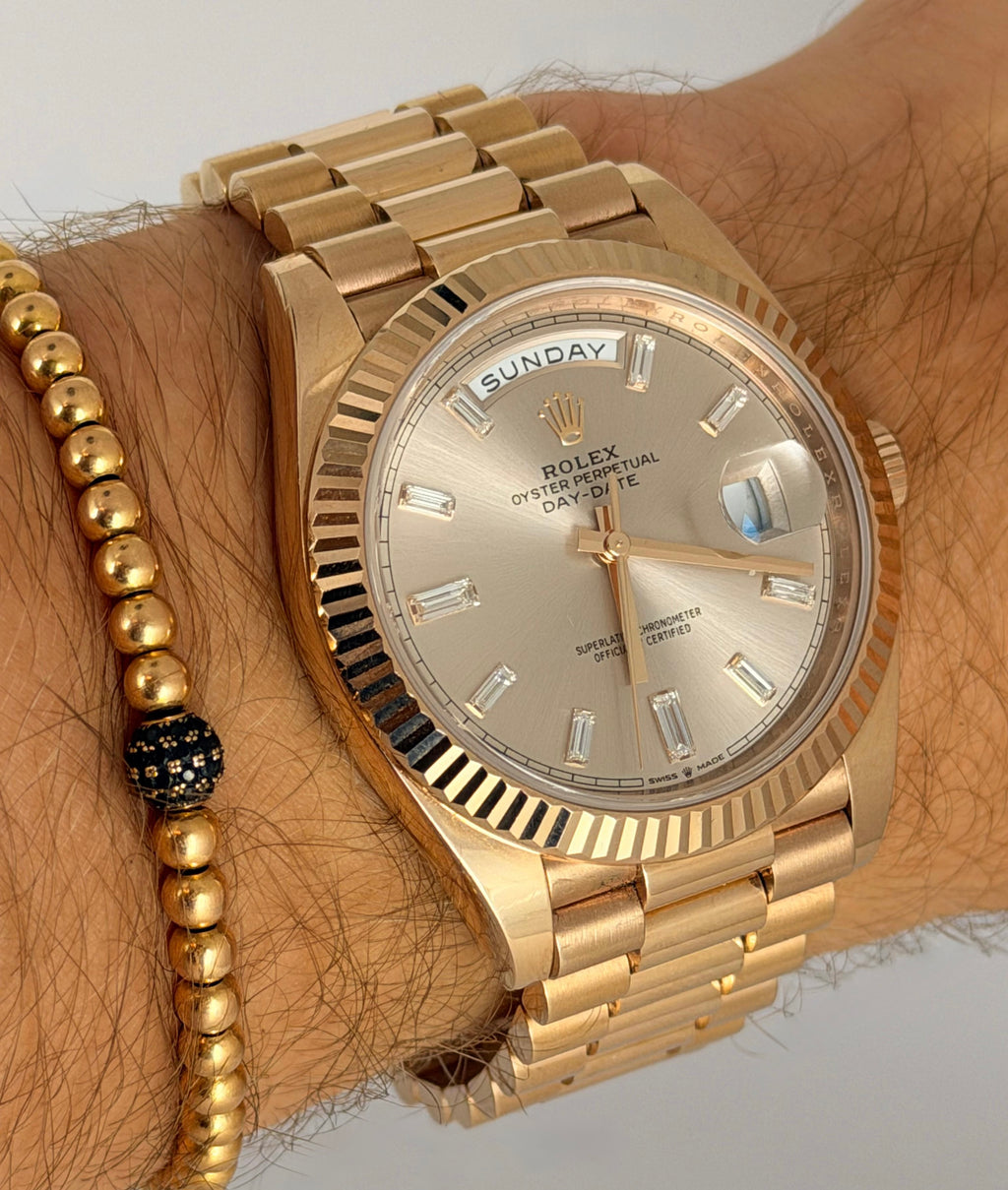 Rolex Day-Date 40 Baguette Sundust Zifferblat Box und Papieren