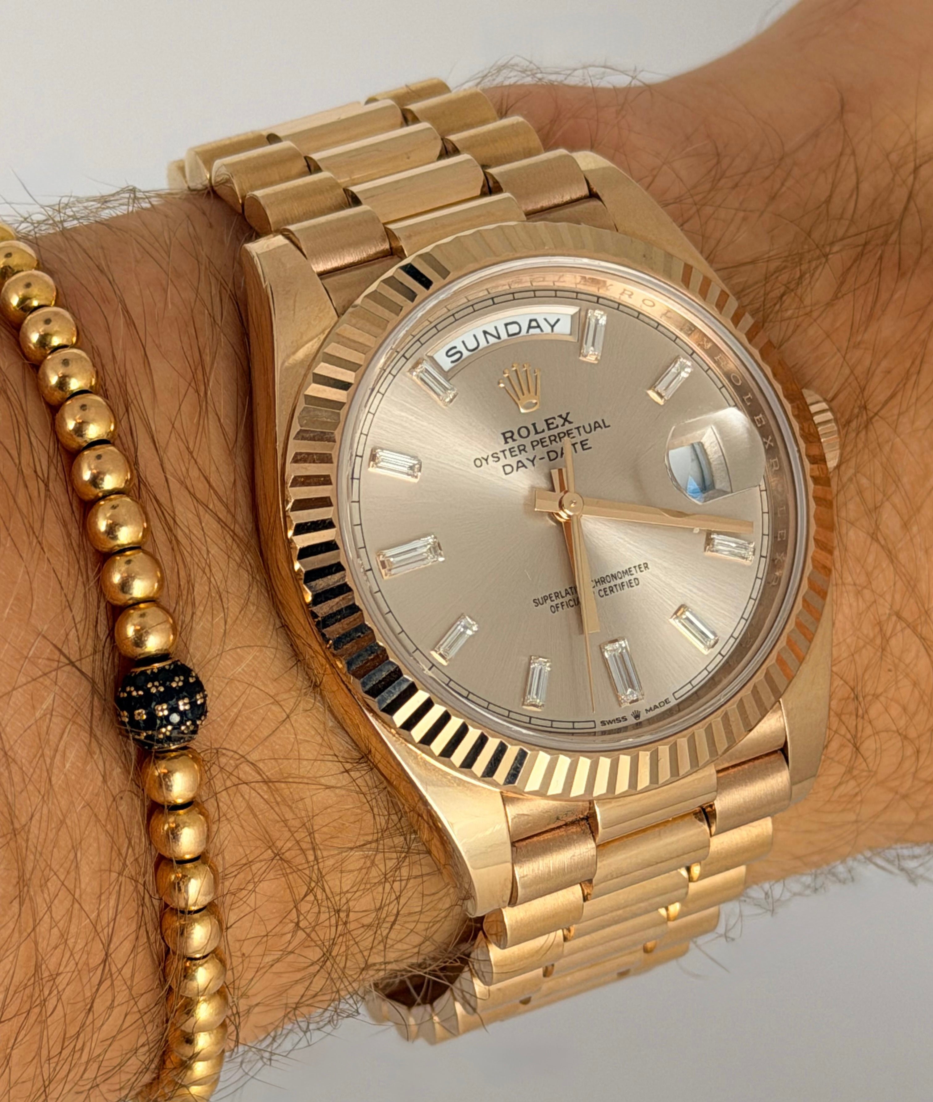 Rolex Day-Date 40 Baguette Sundust Zifferblat Box und Papieren