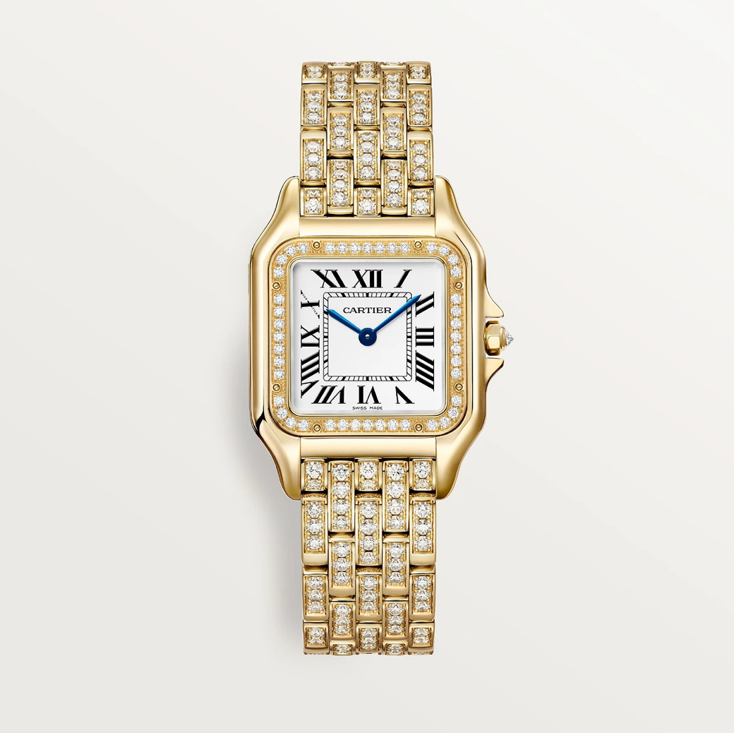 Cartier Panthère Medium Quarzuhr aus 750 Gelbgold – Lünette und Armband mit Diamanten