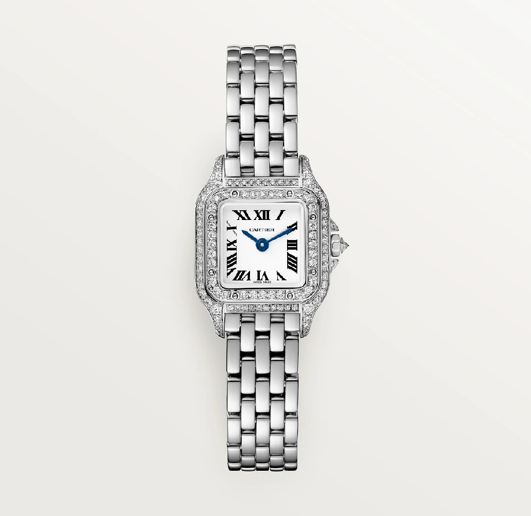 Cartier Panthère Mini aus Weißgold – werkseitig diamantbesetzte Lünette & Armband (99 Diamanten)