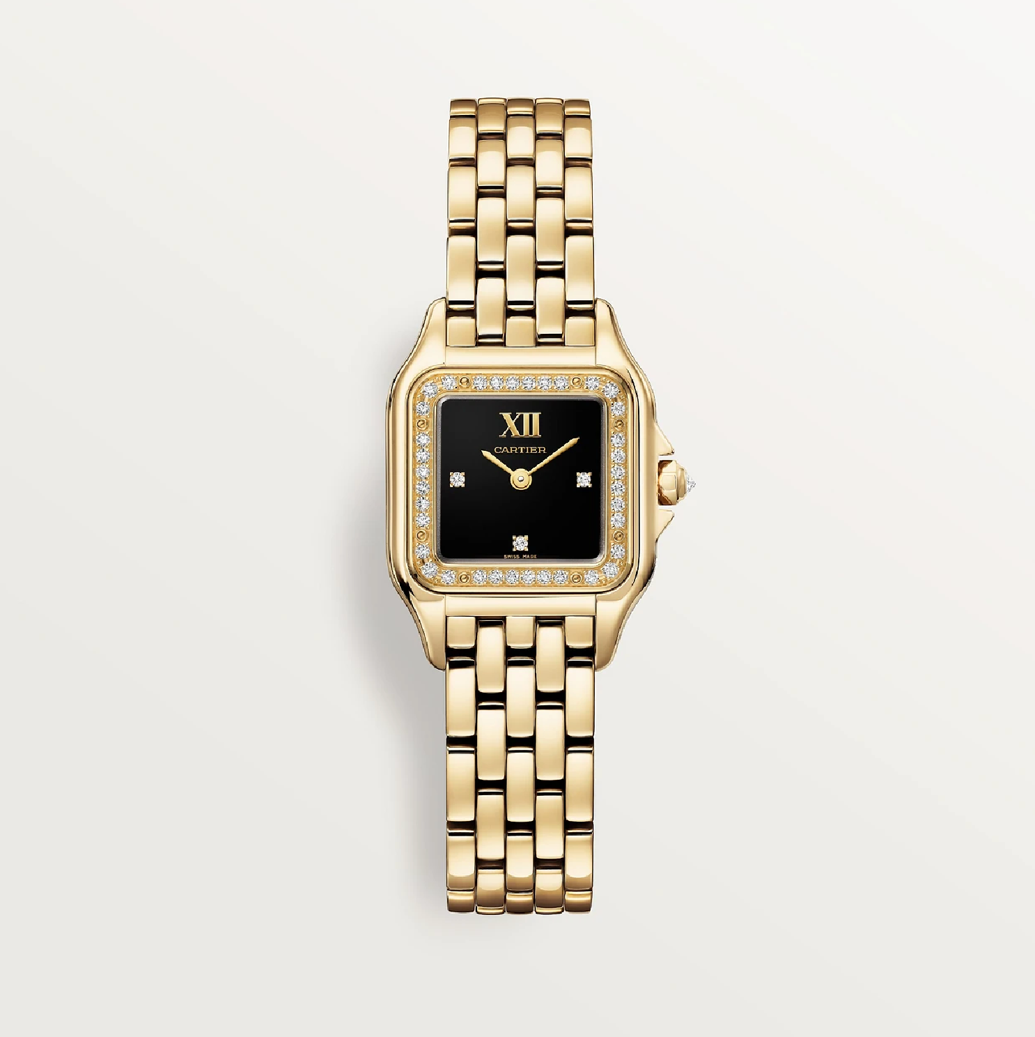 Cartier Panthère de Cartier SM – Armbanduhr aus 750 Gelbgold, schwarzes Lackzifferblatt mit Diamantindizes