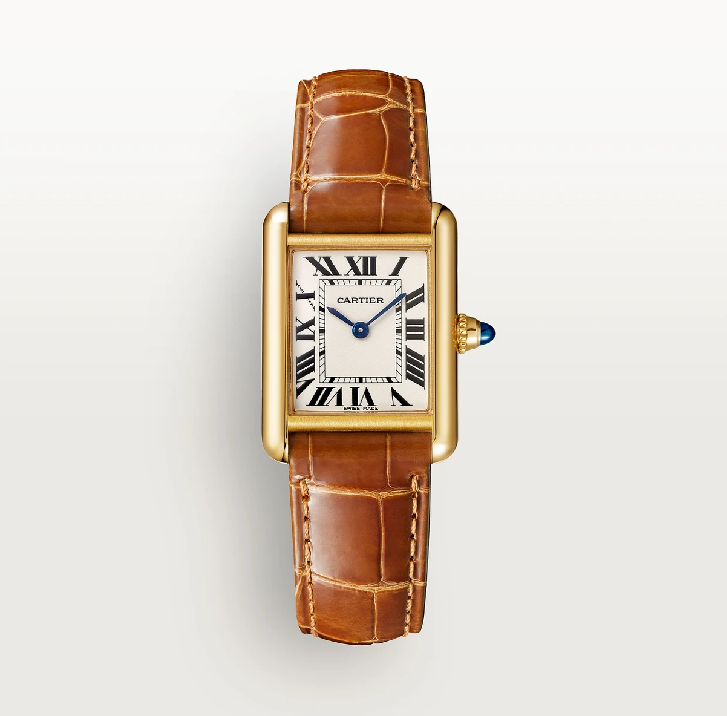 Cartier Tank Louis Cartier Small 29.5mm x 22mm 750 Gelbgold Silbernes Zifferblatt Quarz Uhr mit Alligatorlederarmband