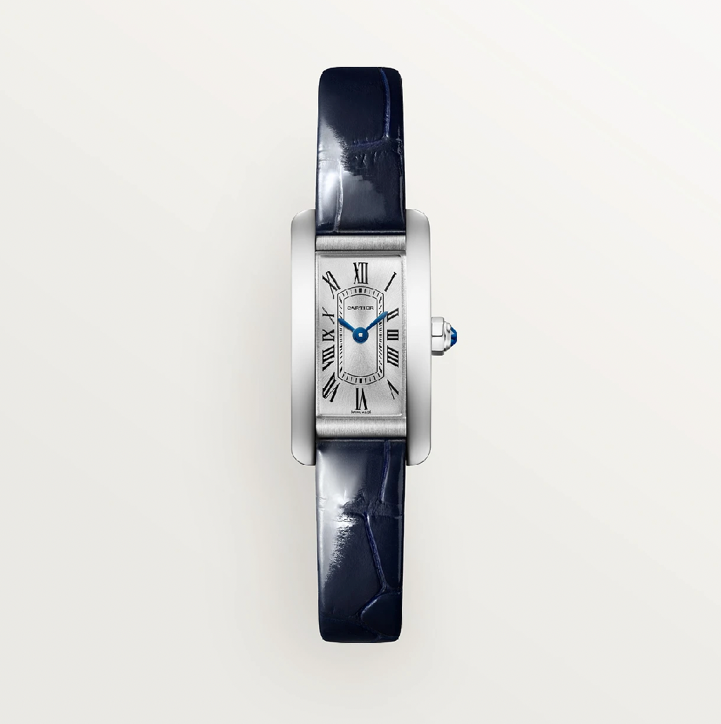 Cartier Tank Américaine Mini 28mm x 15.2mm Edelstahl Quarz Blaues Lederarmband