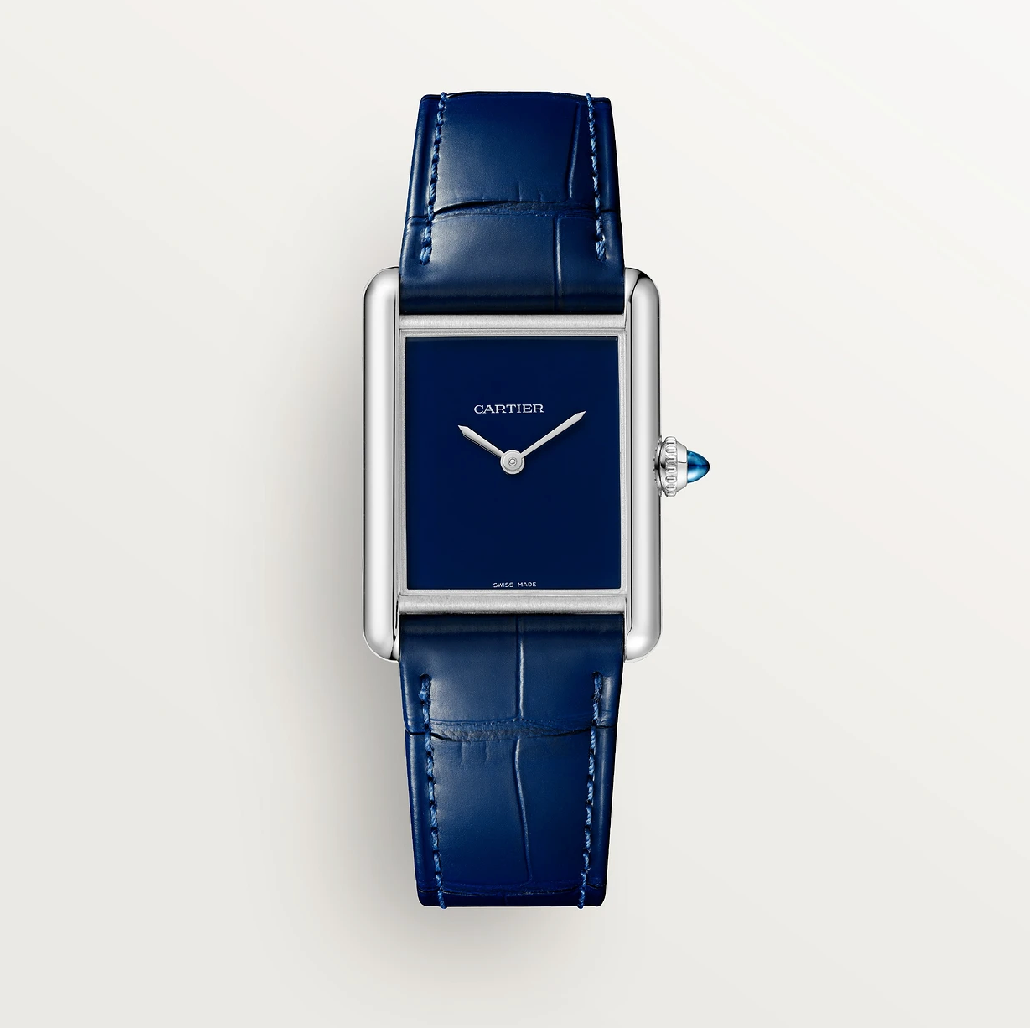 Cartier Tank Must Large 33.7mm x 25.5mm Blaues Zifferblatt Hochautonomie Quarz Edelstahl Leder