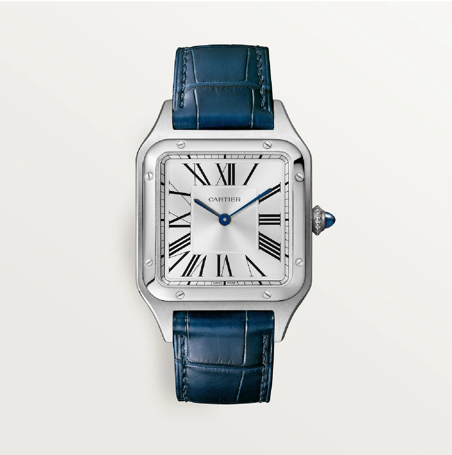Santos-Dumont Uhr Großes Modell Stahl Blaues Alligatorleder