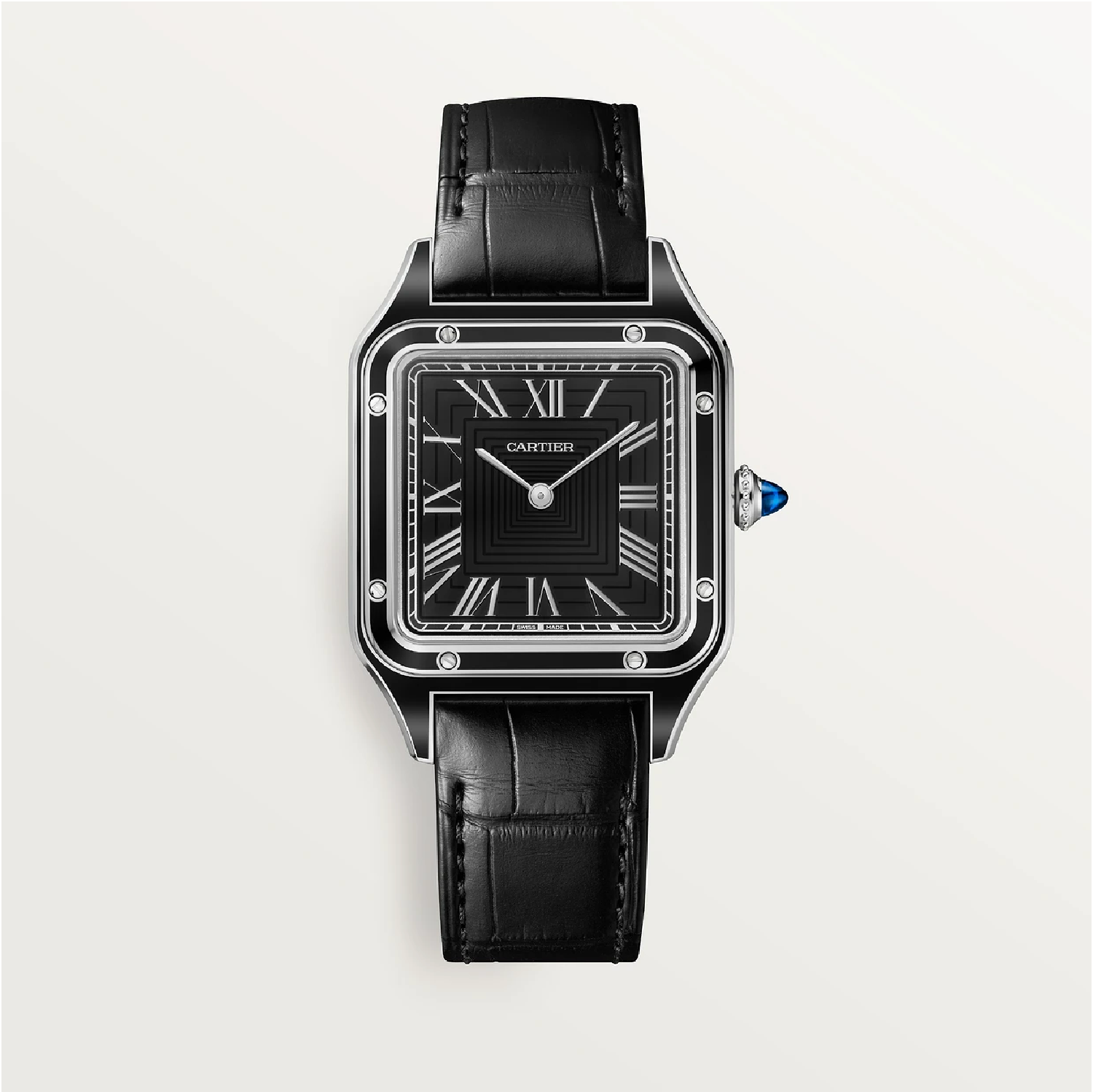 Santos-Dumont Großes Modell Stahl & Schwarzer Lack Handaufzug Uhr