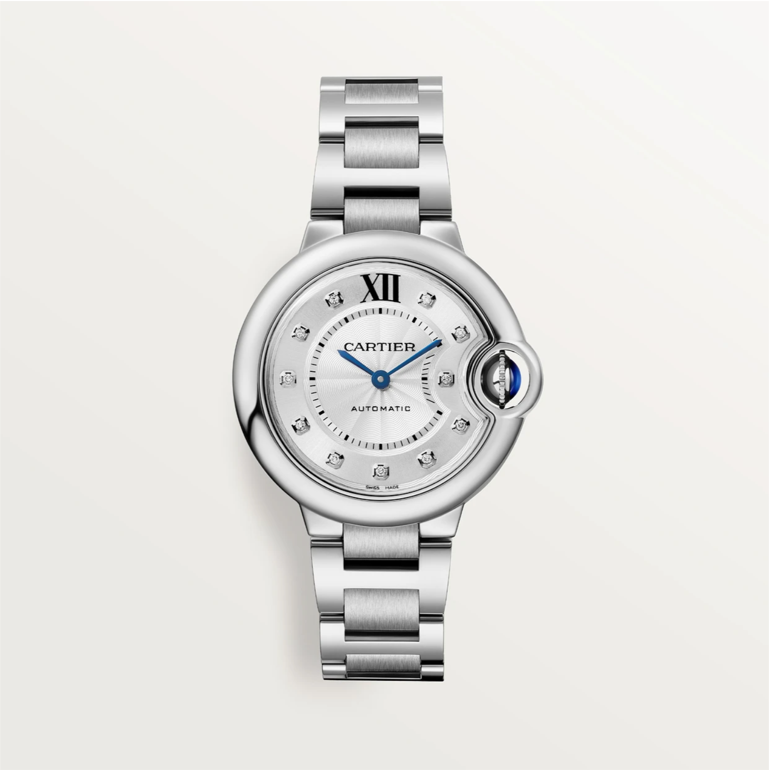 Ballon Bleu de Cartier 33 mm Automatikwerk, Zifferblatt mit Diamantbesatz, Stahlarmband