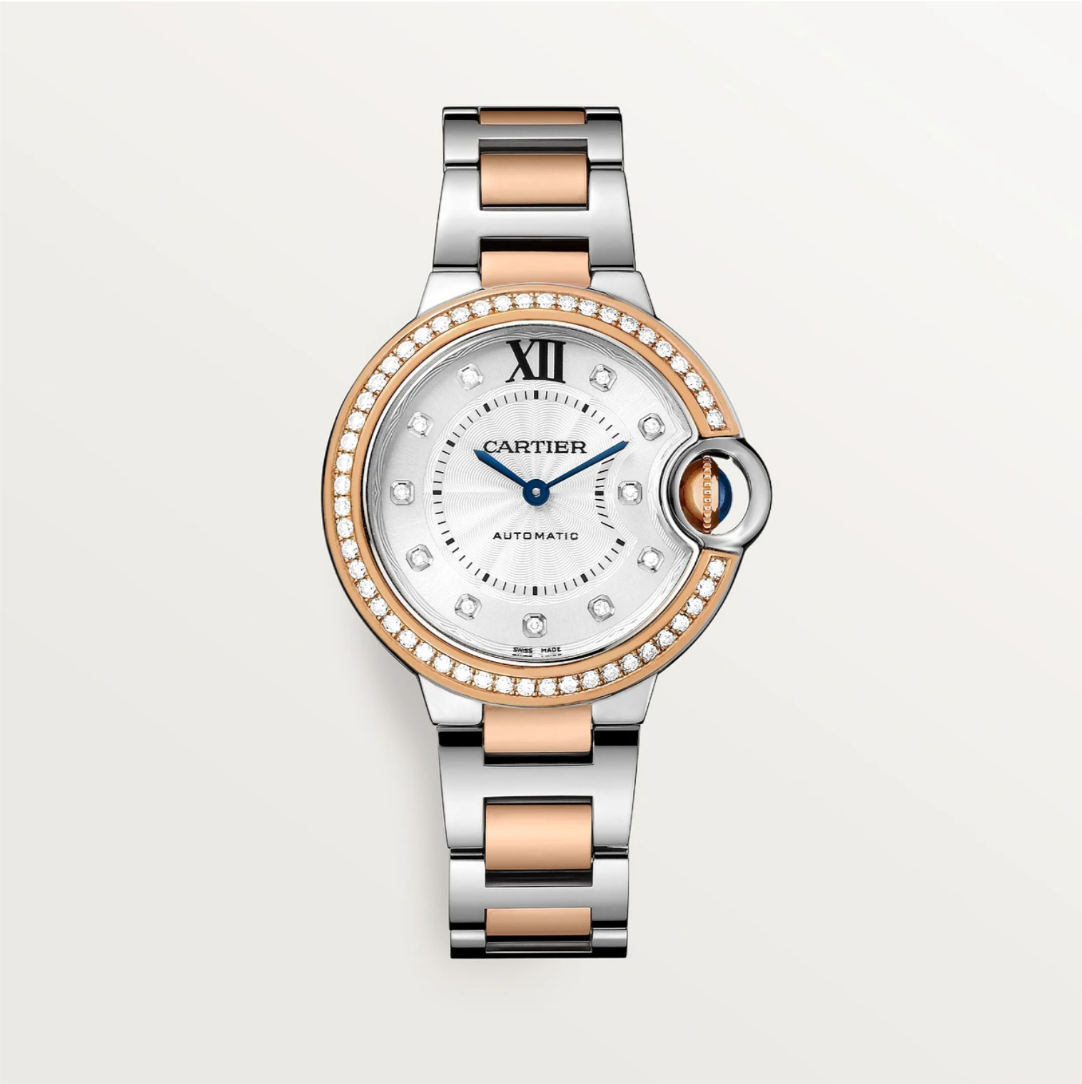 Ballon Bleu de Cartier 33 mm Stahl und Roségold Diamantlünette Automatik-Uhr