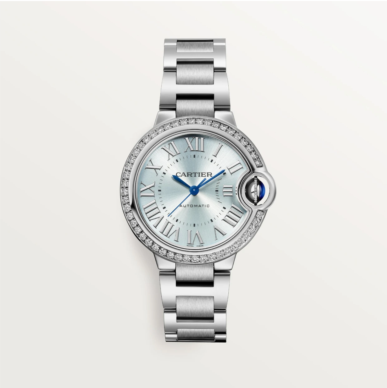 Ballon Bleu de Cartier 33 mm Stahl Diamantlünette Blaues Zifferblatt Automatik-Uhr