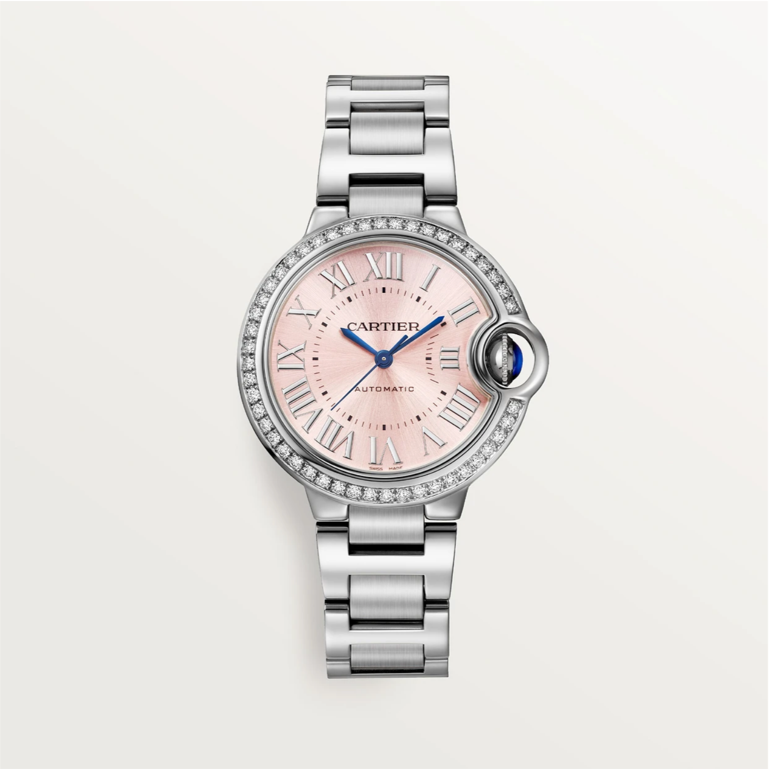 Ballon Bleu de Cartier 33 mm Stahl Rosa Zifferblatt Diamantlünette Automatik-Uhr