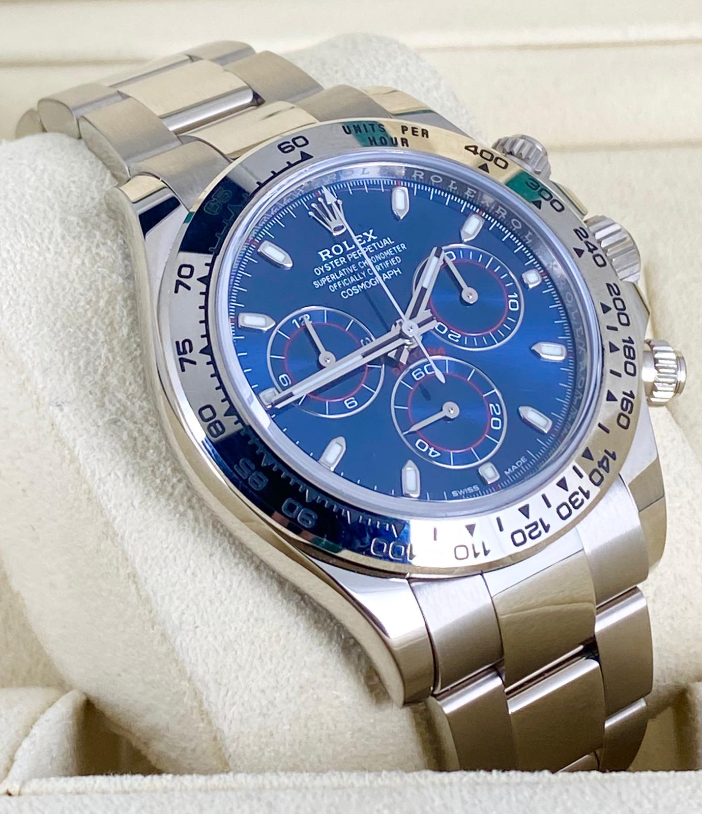 Rolex Daytona Weißgold 2020, neue Karte, blaues Zifferblatt, Full Set 116509