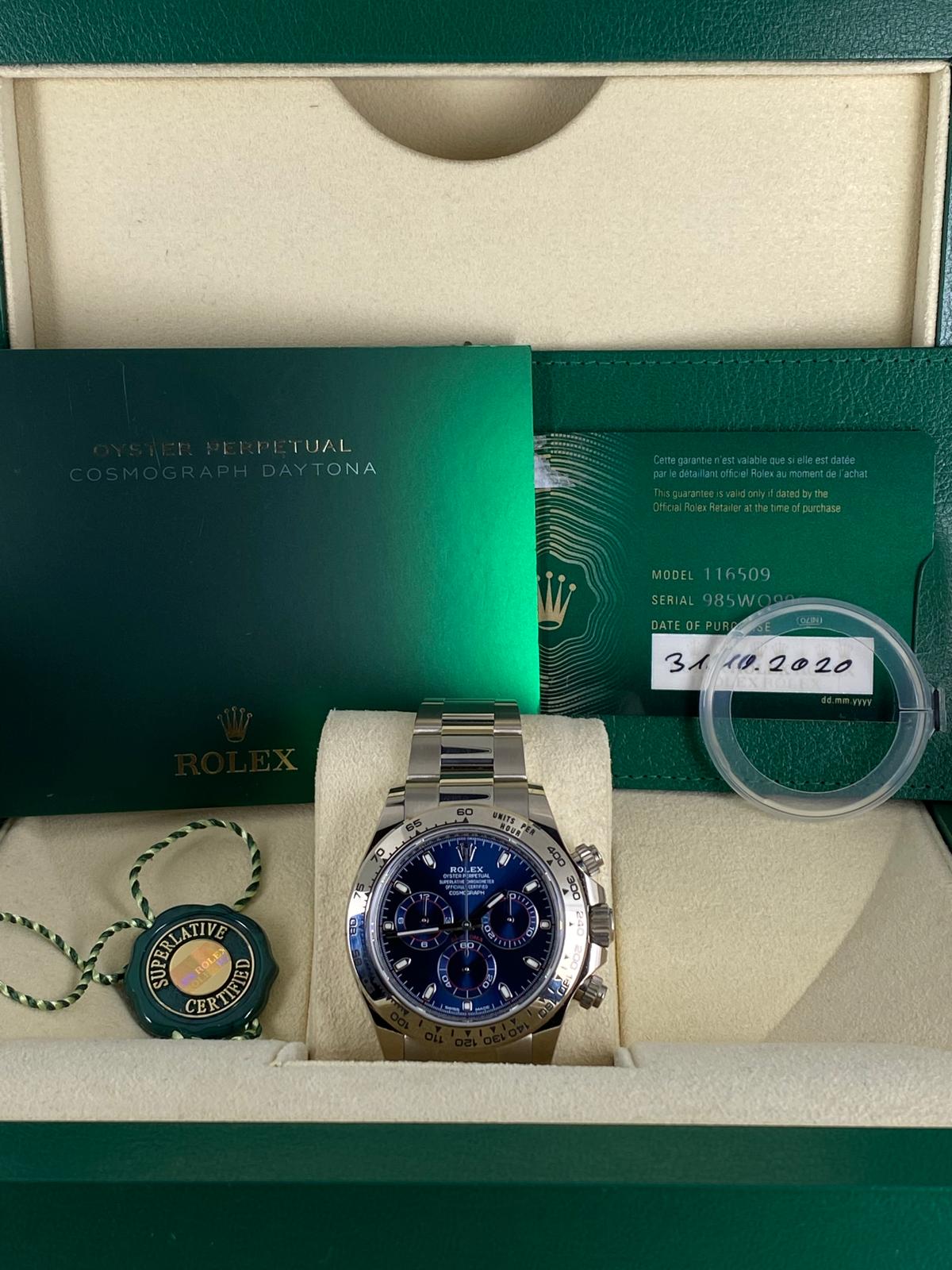Rolex Daytona Weißgold 2020, neue Karte, blaues Zifferblatt, Full Set 116509
