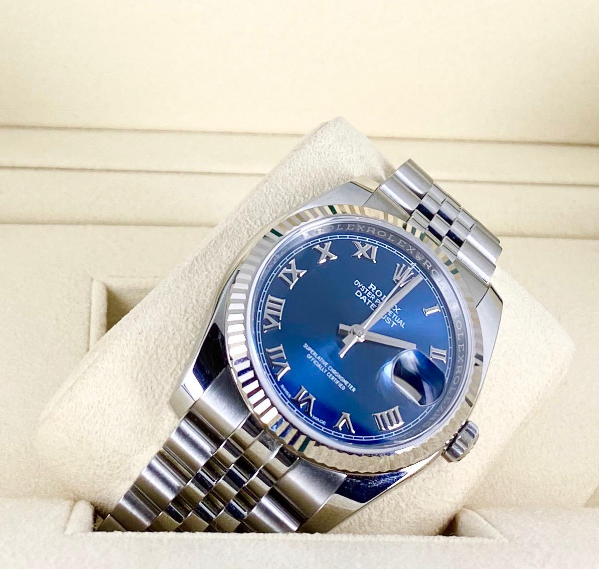 Rolex Datejust 36, blaues Zifferblatt, römische Ziffern, mit Box und Papieren