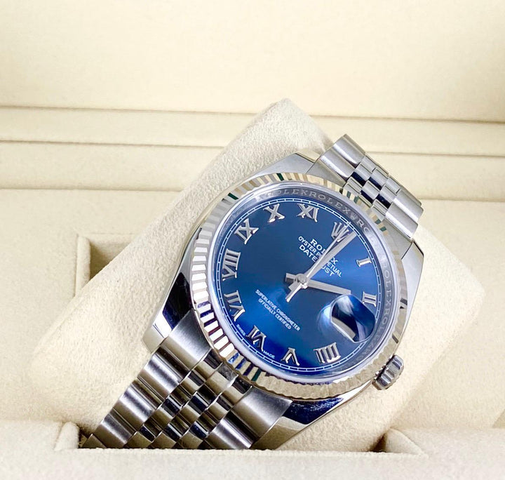 Rolex Datejust 36, Blue Dial, Roman Numerals, With box and papers