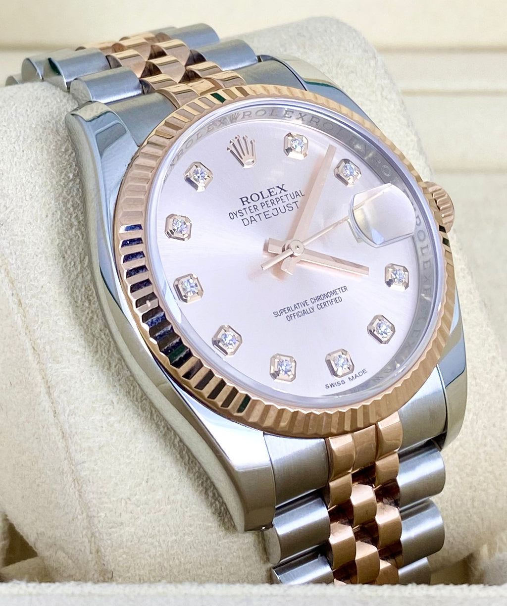 Rolex Datejust 36, Zweifarbig Roségold, vollständiges Set, Diamanten