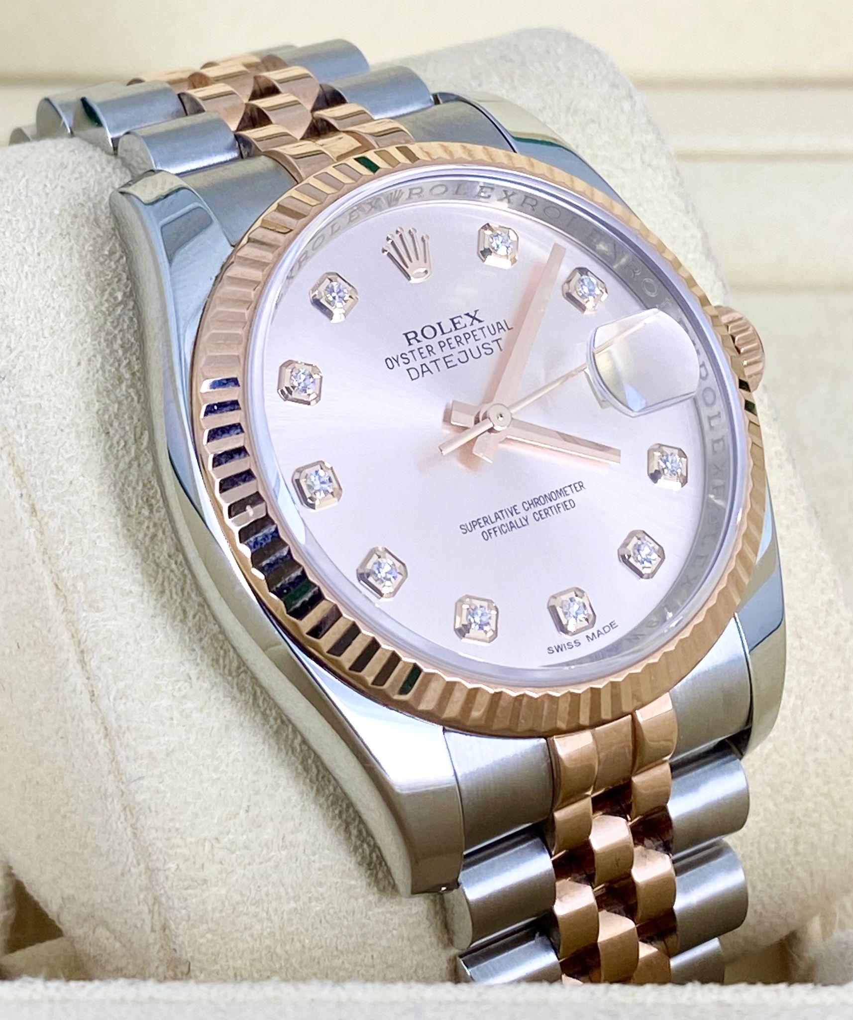 Rolex Datejust 36, Zweifarbig Roségold, vollständiges Set, Diamanten
