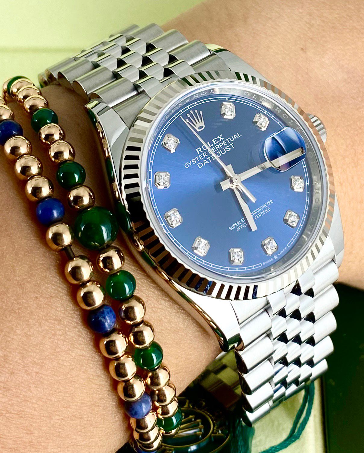 Rolex Datejust 36, Blaues Zifferblatt mit Diamanten, vollständiges Set, 2020