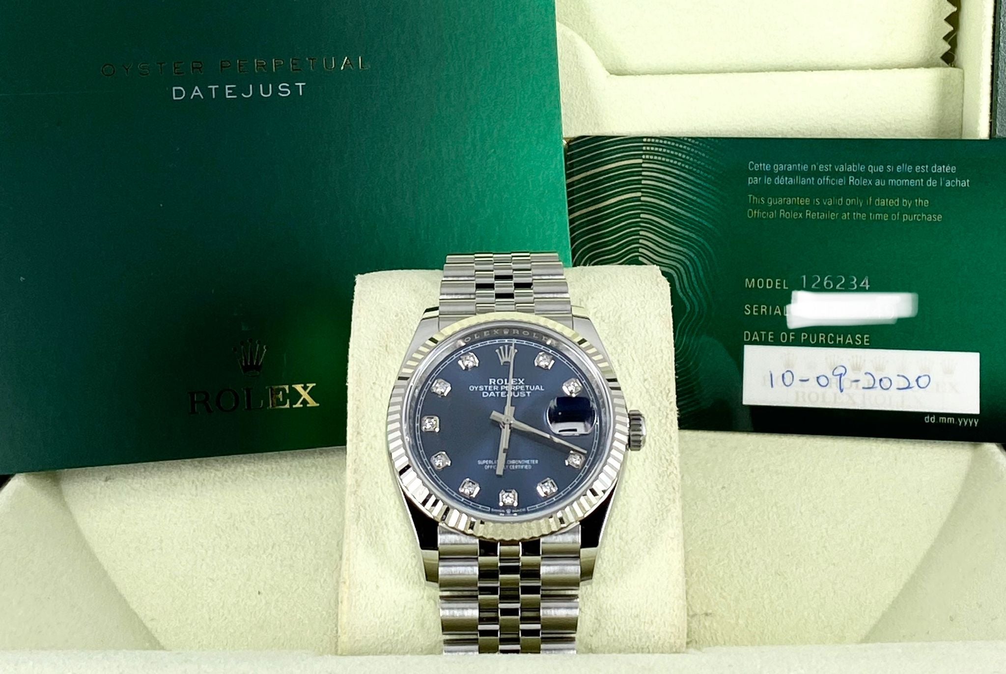 Rolex Datejust 36, Blaues Zifferblatt mit Diamanten, vollständiges Set, 2020