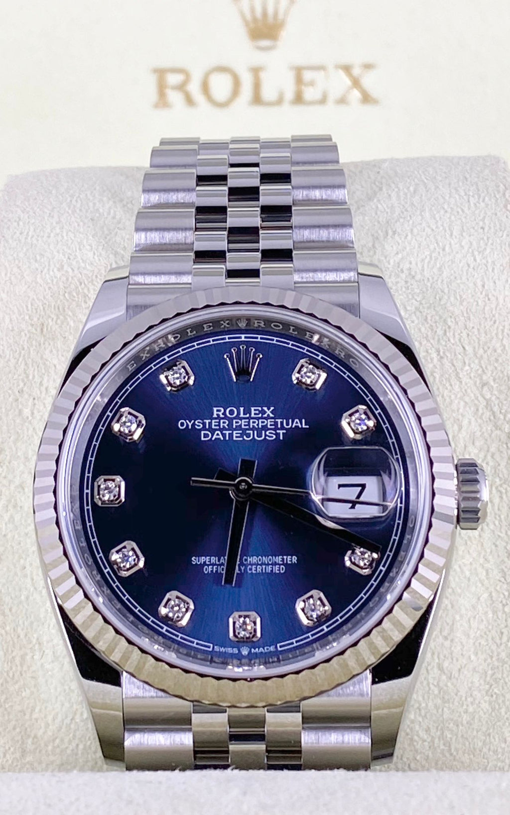 Rolex Datejust 36, Blaues Zifferblatt mit Diamanten, vollständiges Set, 2020
