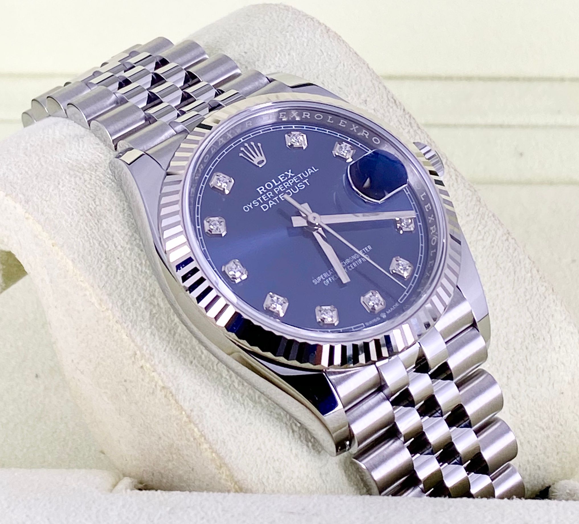 Rolex Datejust 36, Blaues Zifferblatt mit Diamanten, vollständiges Set, 2020