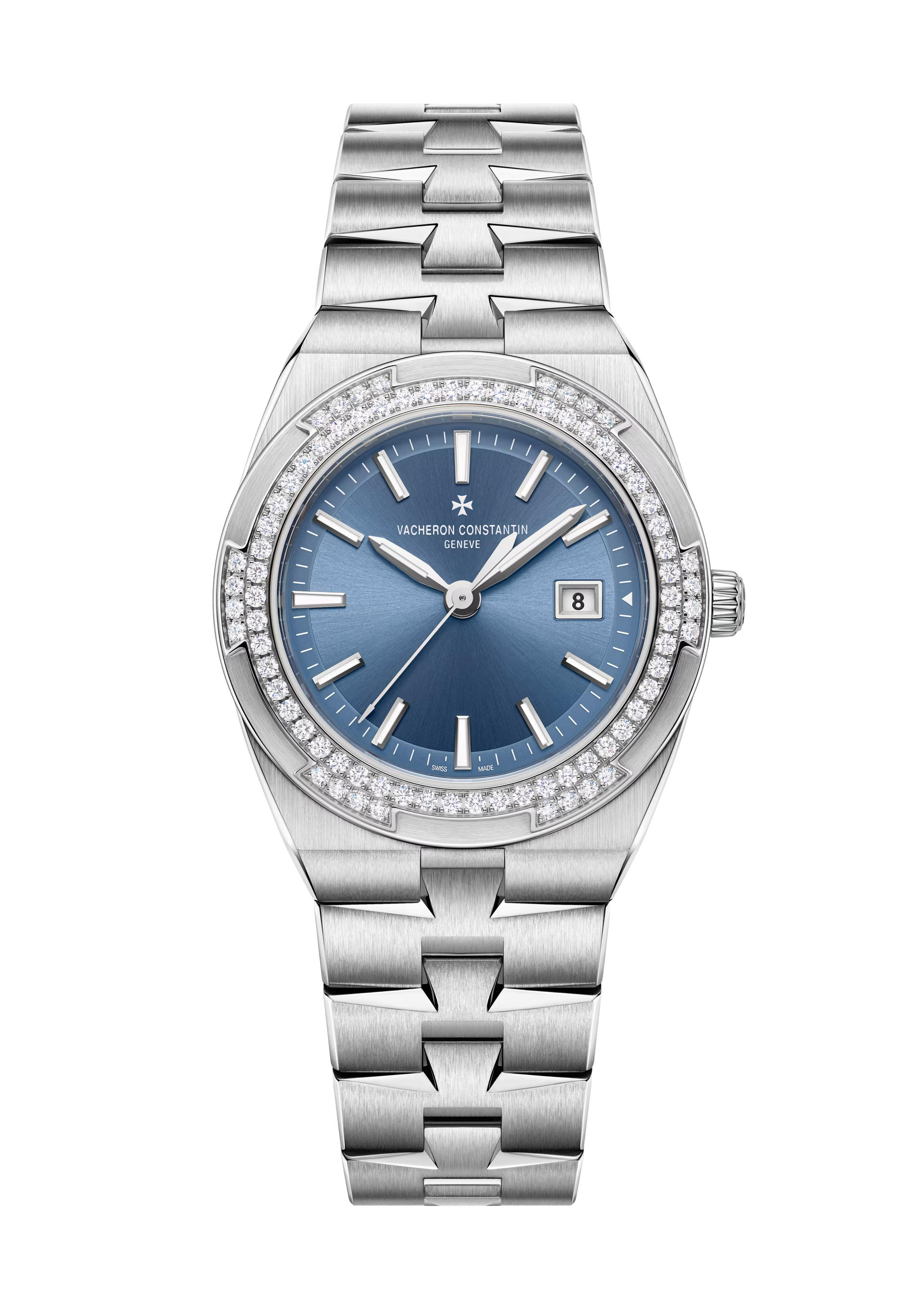 Overseas 33 mm Stahl Quarz Uhr mit Diamantlünette