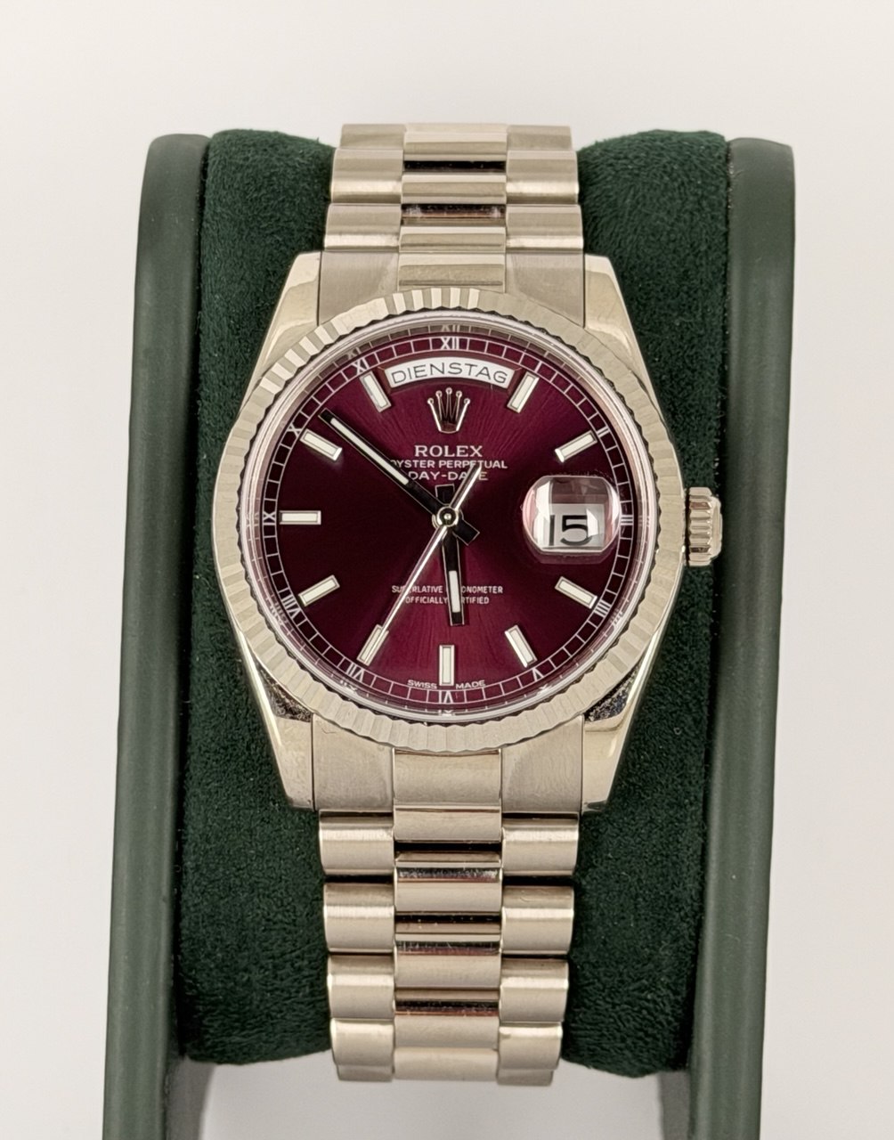 Rolex Day-Date 36 Cherry Dial Full Set Like New No Stretch Vienna Set