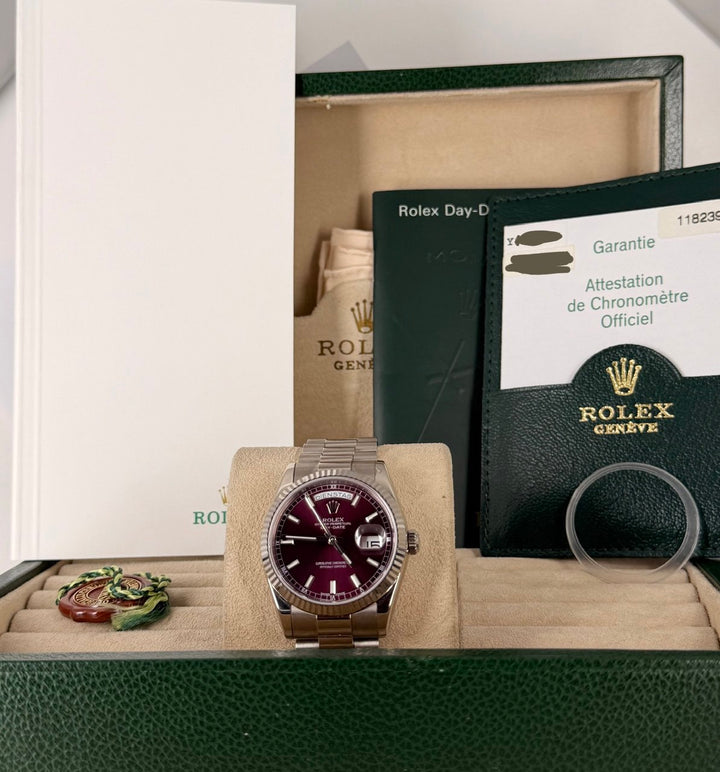 Rolex Day-Date 36 Cherry Dial Full Set Like New No Stretch Vienna Set