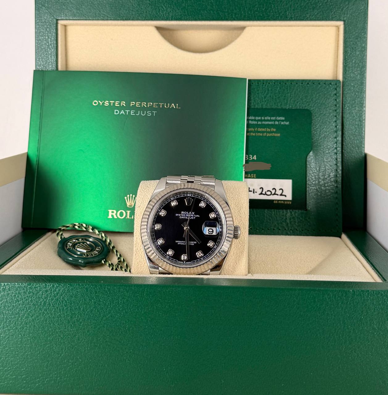 Rolex Datejust 41 Diamant-Zifferblatt mit Jubilé-Armband, 18k Weißgoldlünette, Komplettset