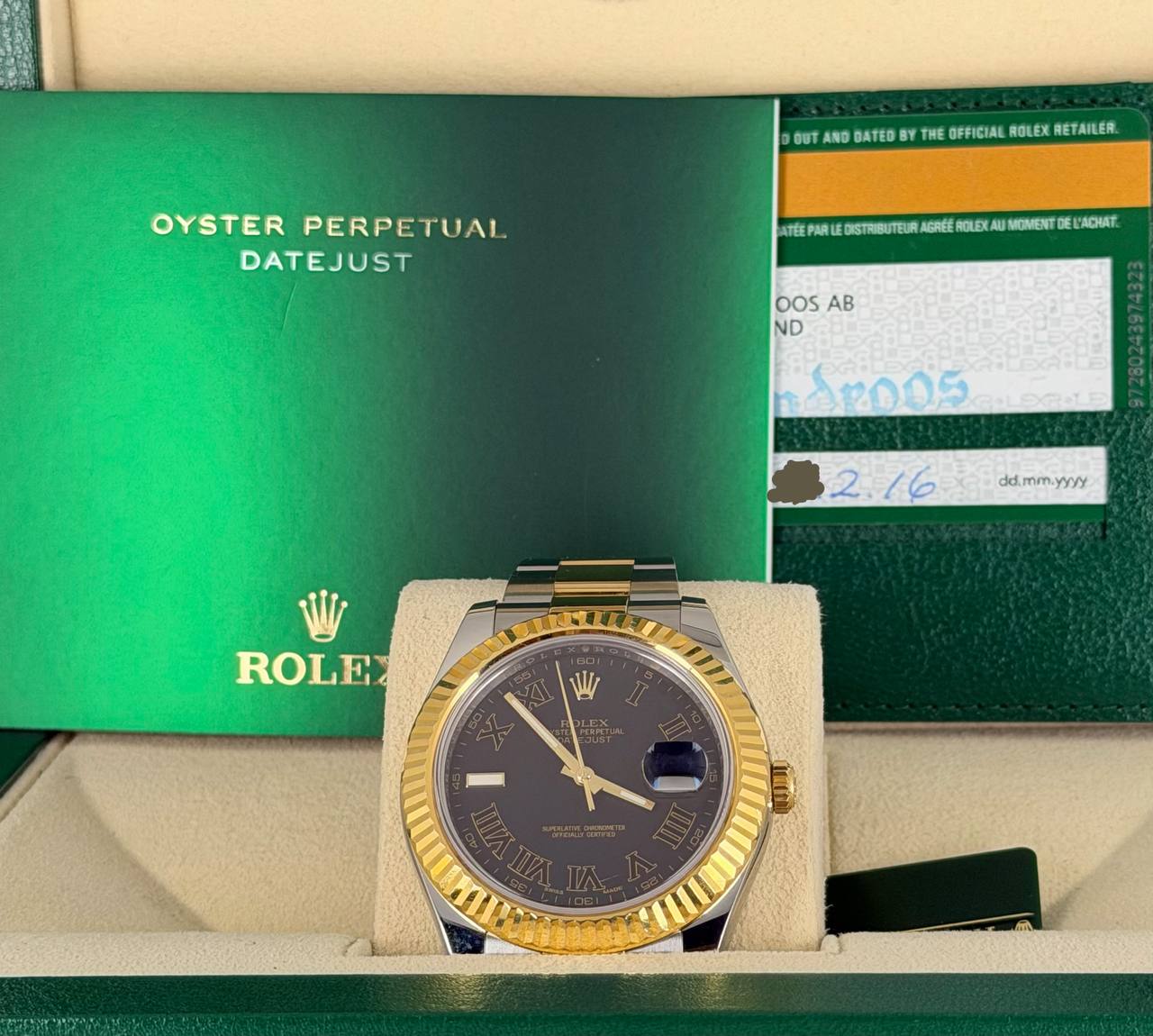 Rolex Datejust II Schwarzes Wimbledon-Zifferblatt Komplettset 2016 Zustand 99%