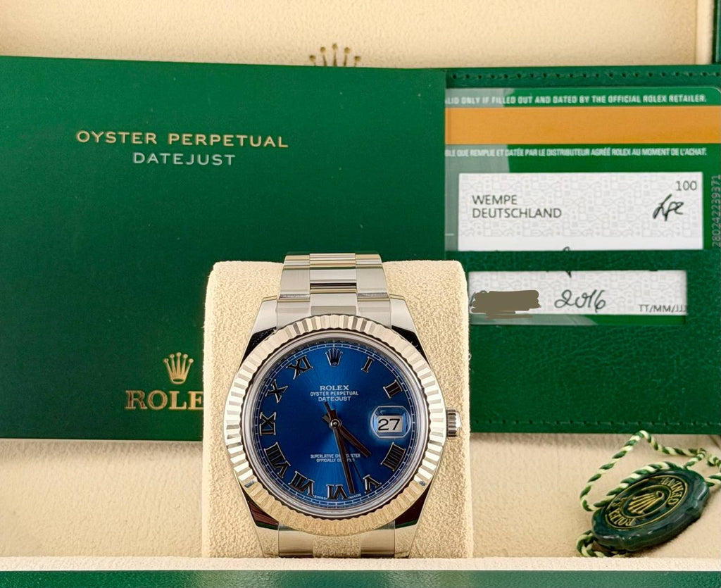Rolex Datejust II 41 mm Azurblaues Zifferblatt 2016 Full Set 18k Weißgold-Lünette