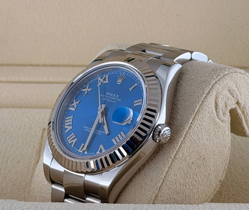 Rolex Datejust II 41 mm Azurblaues Zifferblatt 2016 Full Set 18k Weißgold-Lünette