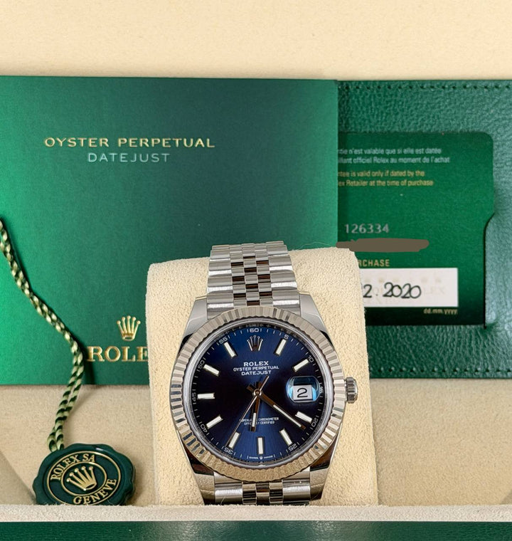 Rolex Datejust 41 Blue Stick Dial 2020 New Card Like new Jubille X White gold Bezel
