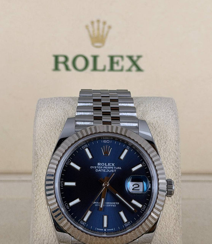 Rolex Datejust 41 Blue Stick Dial 2020 New Card Like new Jubille X White gold Bezel