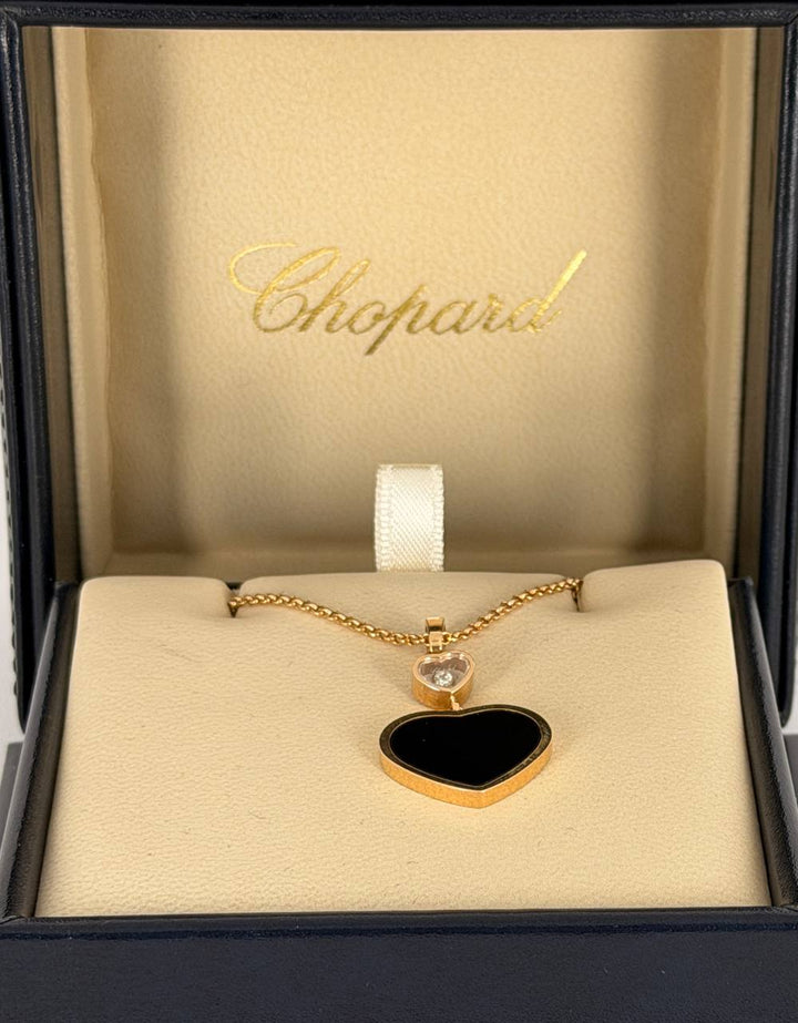CHOPARD ROSE GOLD NECKLACE WITH ONYX AND A DIAMOND HAPPY HEARTS